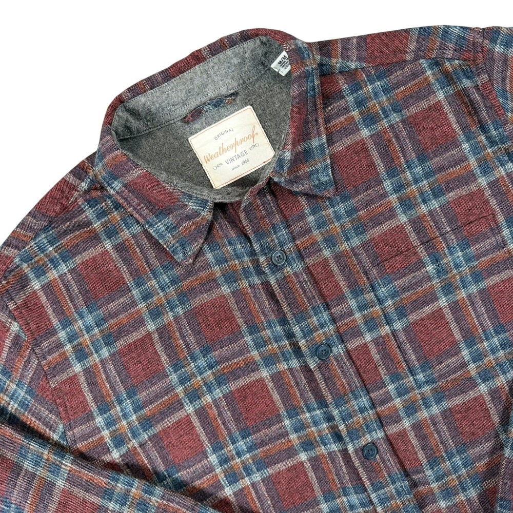 Weatherproof Vintage Mens Size M Burgundy Blue Plaid Flannel Button‎ Down Shirt